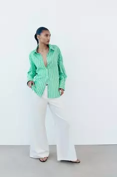 Полосатая рубашка из поплина oversize ZARA, зеленый/белый