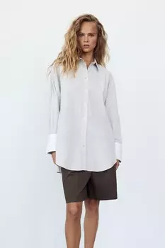 Полосатая рубашка из поплина оверсайз со съемными манжетами ZARA, белый/серый