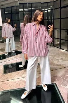 Полосатая рубашка оверсайз ZARA, красный/белый