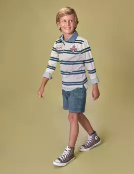 Полосатая рубашка-поло для мальчика с джинсовым воротником Gocco, темно-серый