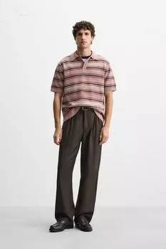 Полосатая рубашка поло из выстиранного трикотажа ZARA, цвет Raspberry