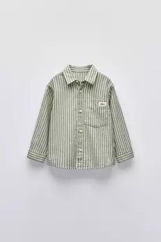 Полосатая рубашка с карманом ZARA, экрю/зеленый