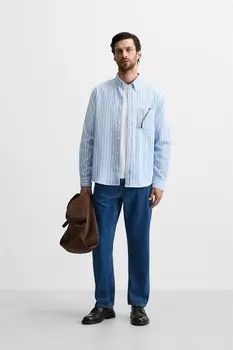 Полосатая рубашка с карманом ZARA, небесно-голубой