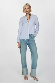 Полосатая рубашка с низким воротником Mango, пастельно-синий