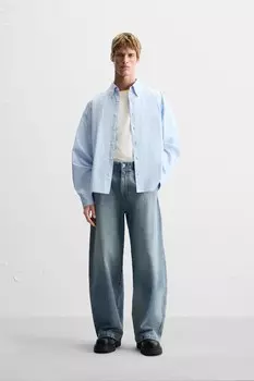 Полосатая рубашка с отстрочкой ZARA, небесно-голубой