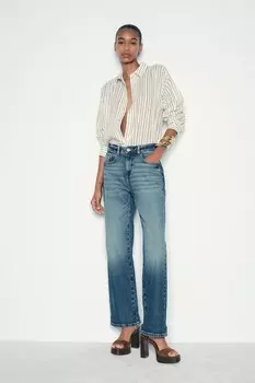 Полосатая рубашка с текстурой ZARA, зеленый/экрю