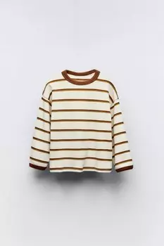 Полосатая рубчатая футболка ZARA, экрю/коричневый