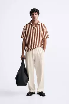 Полосатая текстурная футболка поло ZARA, экрю/бордовый