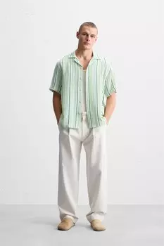 Полосатая текстурная рубашка ZARA, зеленый/экрю