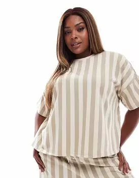 Полосатая толстовка с короткими рукавами Pieces Curve бежевого цвета Pieces Plus