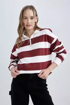 Полосатая толстовка с короткой молнией Defacto, бургундия