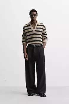 Полосатая трикотажная футболка поло ZARA, темно-бежевый