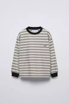 Полосатая вышитая футболка ZARA, экрю