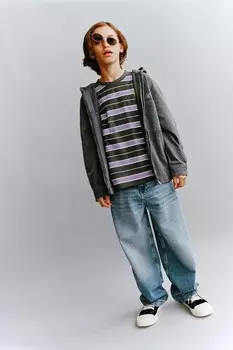 Полосатая вышитая футболка ZARA, фиолетовый