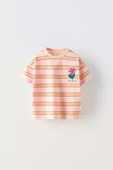 Полосатая вышитая футболка ZARA, розовый
