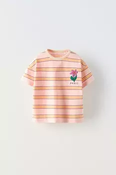 Полосатая вышитая футболка ZARA, розовый