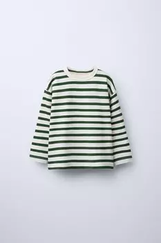 Полосатая вышитая футболка ZARA, зеленый