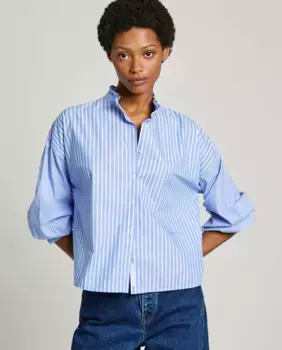 Полосатая женская блузка из поплина с рюшами на шее Pepe Jeans, синий