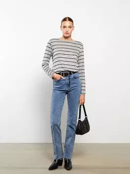 Полосатая Женская футболка с круглым вырезом и длинным рукавом LC Waikiki Basic