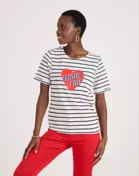 Полосатая женская футболка с золотыми пуговицами Naf Naf, темно-синий