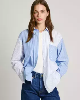 Полосатая женская рубашка из поплина с лоскутной отделкой Pepe Jeans, синий