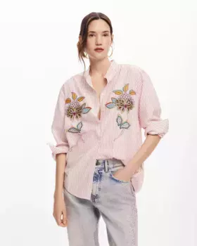 Полосатая женская рубашка с цветочной вышивкой Desigual, розовый