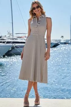 Полосатое джинсовое платье с приталенным верхом и расклешенным низом с поясом Sosandar, бежевый