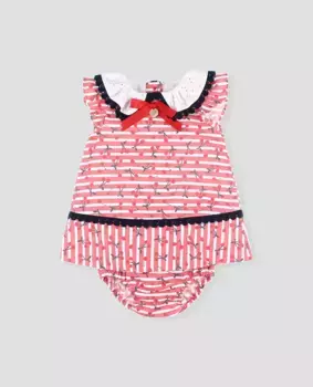 Полосатое хлопковое платье для девочки с трусиками в тон Foque, красный
