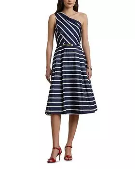 Полосатое коктейльное платье из тафты с поясом Ralph Lauren, синий
