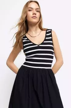 Полосатое льняное платье миди River Island, черный