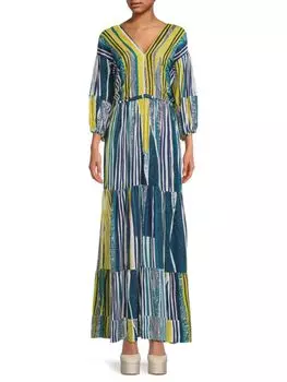 Полосатое многоярусное платье макси Poupette St Barth, цвет Aqua Multi