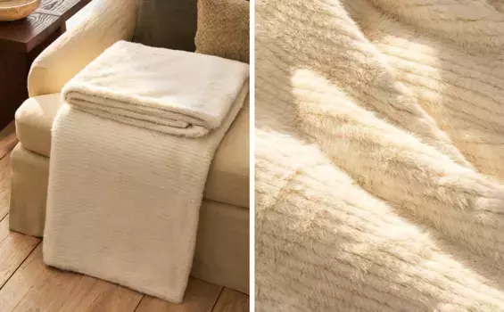 Полосатое одеяло из искусственного меха Zara Home, светло-бежевый