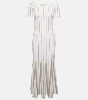 Полосатое платье макси из натуральной шерсти с открытыми плечами GABRIELA HEARST, нейтральный