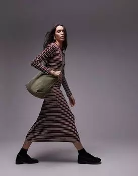 Полосатое платье макси с длинными рукавами бордового цвета Topshop