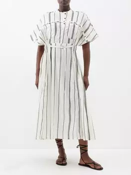 Полосатое платье миди из смесового льна Lovebirds, белый