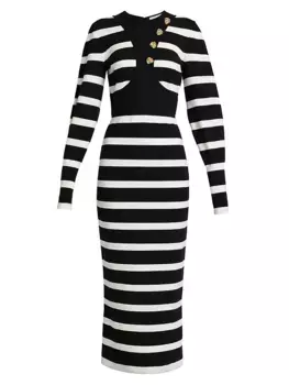 Полосатое платье-миди из смесовой шерсти с жгутами Alexander Mcqueen, цвет black ivory