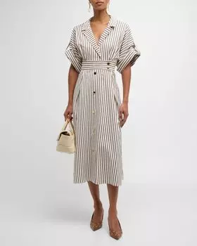 Полосатое платье-рубашка с поясом и золотистыми пуговицами Carolina Herrera, цвет Ecru Multi