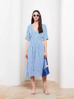 Полосатое женское платье из вискозы с v-образным вырезом и короткими рукавами LCW Limited