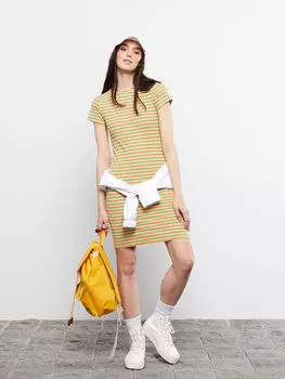 Полосатое женское платье с круглым вырезом и короткими рукавами Xside