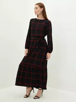 Полосатое женское платье трапециевидной формы с круглым вырезом и длинными рукавами из вискозы LCWAIKIKI Classic