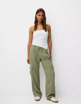 Полосатые брюки-карго с эластичным поясом Bershka, хаки