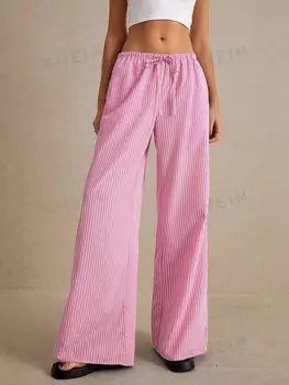 Полосатые брюки, полосатые брюки с кулиской на талии, полосатые брюки с принтом и завязкой на талии, повседневные брюки с глубоким вырезом Poselle, фуксия