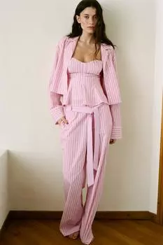 Полосатые поплиновые брюки с поясом ZARA, розовый