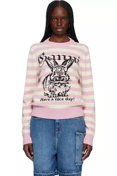 Полосатый графический свитер с кроликом из шерсти Ganni, розовый