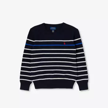Полосатый хлопковый джемпер с фирменной вышивкой для мальчика Polo Ralph Lauren, синий