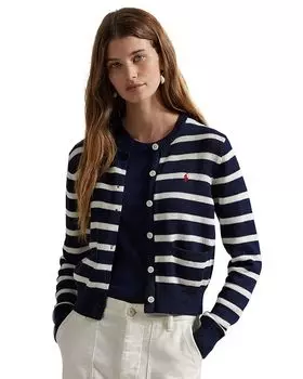 Полосатый хлопковый кардиган с круглым вырезом Lauren Ralph Lauren, синий