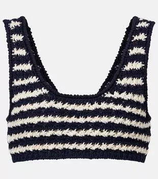 Полосатый хлопковый укороченный топ крючком Prada, Blu+Naturale