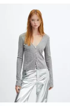 Полосатый кардиган с драгоценными пуговицами Mango, серый