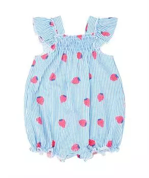 Полосатый комбинезон для девочек в клубничном цвете синего цвета Petit Confection