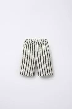 Полосатый крючком шорты-бермуды ZARA, цвет Ecru/Green